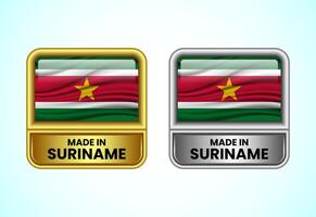 Made in Suriname label icon in gold and silver color. Flag icon set for business vector