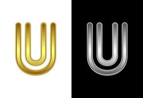 Initial alphabet U in gold and silver color. Graphic alphabet symbol for corporate business identity vector