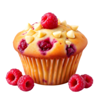 Isolated Image of a Raspberry and White Chocolate Muffin with Fresh Red Berries and Creamy White Chocolate Chips on Transparent Background png