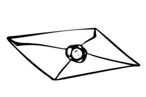 Envelope Illustration in outline style. Vintage hand-drawn mail design painted with black inks for invitations. Linear postal art for logo or branding. Black and white engraving-style. vector