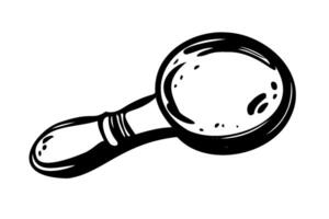 Magnifying Glass Illustration in outline style. Hand-drawn lens painted with black ink for inspection icons, or examination graphics. Line art etching for logo design or scientific exploration. vector