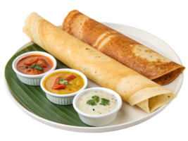 Indian dosas on a plate with different dips, side and top view, isolated on a png