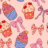 Valentine cupcakes with ribbon bow seamless pattern background. vector