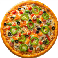 A pizza with peppers, olives, and mushrooms png