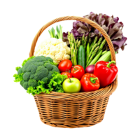 A basket of vegetables including broccoli, cauliflower, and tomato on transparent background png