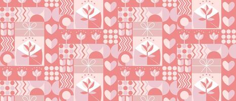 Valentine's day abstract geometric seamless pattern in Bauhaus style. a pink and white pattern with flowers and hearts vector