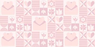 Valentine's day abstract geometric seamless pattern in Bauhaus style. a pink and white pattern with hearts and flowers vector