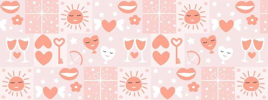 Valentine's day abstract geometric seamless pattern in Bauhaus style. a pink and white pattern with hearts and other symbols vector
