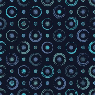 Blue camouflage polka dot seamless pattern with circular shapes. Smudged paint, grunge paint brush strokes. Fashionable geometric background for fabric, textile.