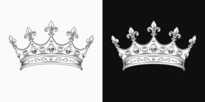 Medieval crown with gemstones, fleur de lis sign on points. Black and white design element is easy to combine with head, any face. Front view. Vintage style. vector