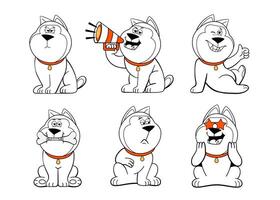 A set of emotions and poses of the character dog, adoration, sadness, like, with a megaphone, with a bone, etc. in doodle style. vector