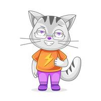 Illustration of a cat character in a t-shirt with lightning in a cute cartoon style. vector