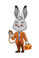 Illustration of a hare character in a business suit and with a pocket watch in a cute cartoon style. vector