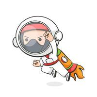 Illustration of a ninja flying on a rocket in a spacesuit in a cute cartoon style. vector