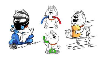 Set of emotions and poses of the character dog, talking on the phone, riding a scooter, connecting cables, etc. in doodle style. vector