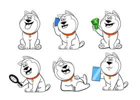 Set of emotions and poses of the character dog, laughing, talking on the phone, counting money, exploring, etc. in doodle style. vector