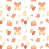 Cute pastel colored seamless pattern, romantic pattern with car with hearts, envelope, balloons, bird vector
