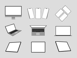 Great Collection Mock-ups of realistic laptops. 3D isometric set device. Side, top view and isometric vector