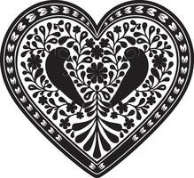 Heart-shaped design, symmetrical pattern, black and white, folk art style vector