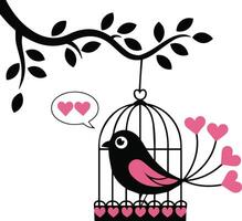 A minimalist illustration of a black bird with pink heart-shaped tail feathers vector