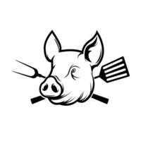 Bar and grill. Pig head with kitchen tools isolated on white background. Design element for restaurant menu, poster. Barbecue invitation card. illustration. vector