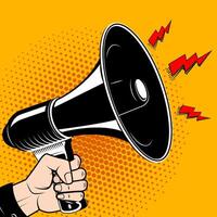Hand with megaphone in pop art style. Comic style bullhorn. Design element in . vector
