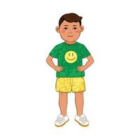 Colorful Illustration of Little Boy in Green T-shirt Isolated on White Background vector