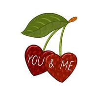 Colorful Valentines Day Illustration of Two Cherries in the Shape of a Heart with Hand Drawn Lettering - You and Me Isolated on White Background vector