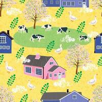 Modern Seamless Background with Colorful Illustration of Spring Rustic Landscape vector