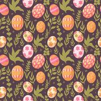 Happy Easter seamless pattern with spring flowers and eggs on dark background vector