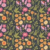 Botanical seamless pattern with wildflowers on dark green background vector