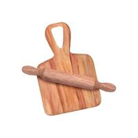Wooden cutting board with smooth edges. Old handmade light brown food utensil. Horizontal surface. Chopping board with wood texture and handle. Top view. Watercolor illustration. Copy space for text. vector