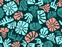 Seamless pattern with simple minimalist illustrations, simple wavy and fluted grooves. Hand drawn naive style flowers and plants. vector