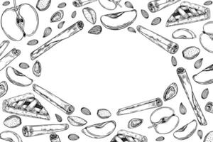 Almond, apple slice, cinnamon sticks and fruit pie slice horizontal frame with empty space. Aromatic seasoning with fresh fruits, nuts monochrome illustration hand painted by black inks for greetings vector