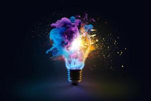 Creative light bulb explodes with colorful dry paint, sparks and splashes on a black background, concept. Think differently creative idea concept. Motion Color drop in water, Ink swirling photo