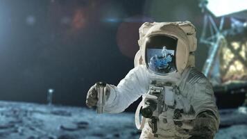 Space man in a spacesuit with a camera takes a soil sample and explores the moon, concept. Lunar expedition, creative idea. Man on the Moon photo