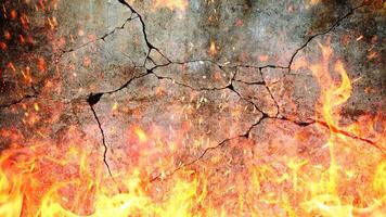 Flame of fire with sparks near grey d concrete damaged cracked wall. Explosion and fire background, concept. photo