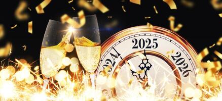 New Year 2025 with gold vintage clock, champagne, confetti and sparks, concept. New Year's Eve, creative idea. Two Glasses Clinking photo