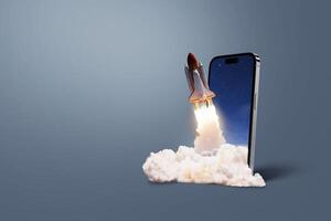 Smartphone with a rocket taking off with smoke and blast on a dark background, concept. Start up and launch, creative idea. Application and promotion. Marketing. Space shuttle lift off. Optimization photo