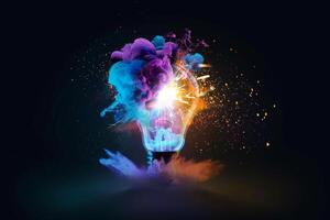 Creative light bulb explodes with colorful dry paint, sparks and splashes on a black background, concept. Think differently creative idea concept. Motion Color drop in water, Ink swirling photo