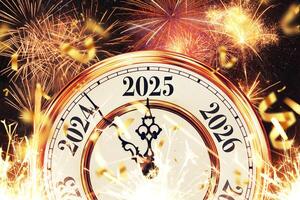 Vintage gold clock hands pointing to New Year 2025 with confetti and fireworks, creative idea. Merry Christmas and New Year card. Holiday countdown. Start of the New Year photo