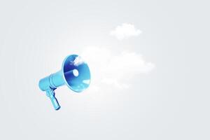 Creative blue loudspeaker with clouds on a gray background, concept. Affiliate marketing and attracting traffic, creative idea. Attention. Ad photo
