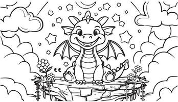 Adorable Dragon Coloring Page with Bold Line Art and Whimsical Elements vector