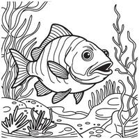 Black and White Line Drawing of a Fish in a Minimalistic Underwater Scene vector