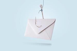 Paper mail letter with metal hook on blue pastel background, concept. Phishing and hacker attack via email, creative idea. Hackers and spam mailing. Data theft. Trap and deception photo