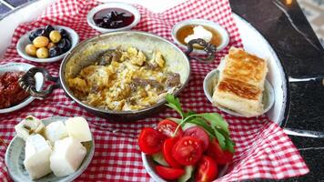 top view of turkish breakfast on table video