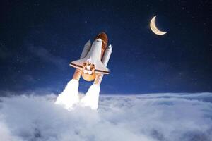 Space shuttle rocket successfully takes off through the clouds towards the moon in the starry sky, creative idea. Journey to the moon, concept. Rocket lift off and launch photo