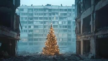 A christmas tree is in the middle of a destroyed building video