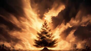 A christmas tree in the middle of a fire. Christmas tree of nuclear war. Striking tree stands illuminated by a powerful, fiery glow in dark sky. The image captures the intense radiance video