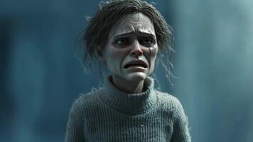 Distressed animated character with disheveled hair and a sorrowful expression stands against a blurred, dim backdrop. The portrayal evokes a strong sense of sadness and vulnerability video